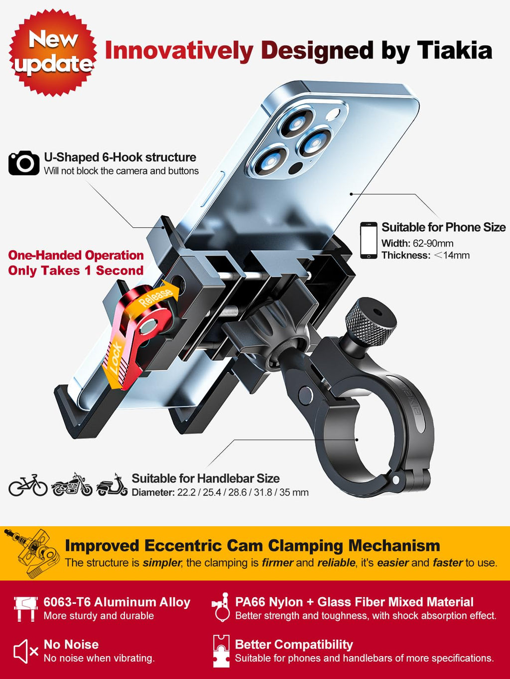 Aluminum Handlebar Phone Mount with 360 Degree Rotation for Bikes