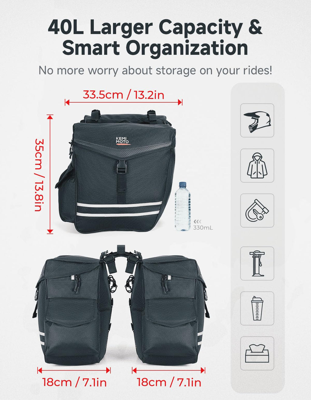 Waterproof 40L 50L Bike Pannier Bags with Rain Cover and Reflective Strip