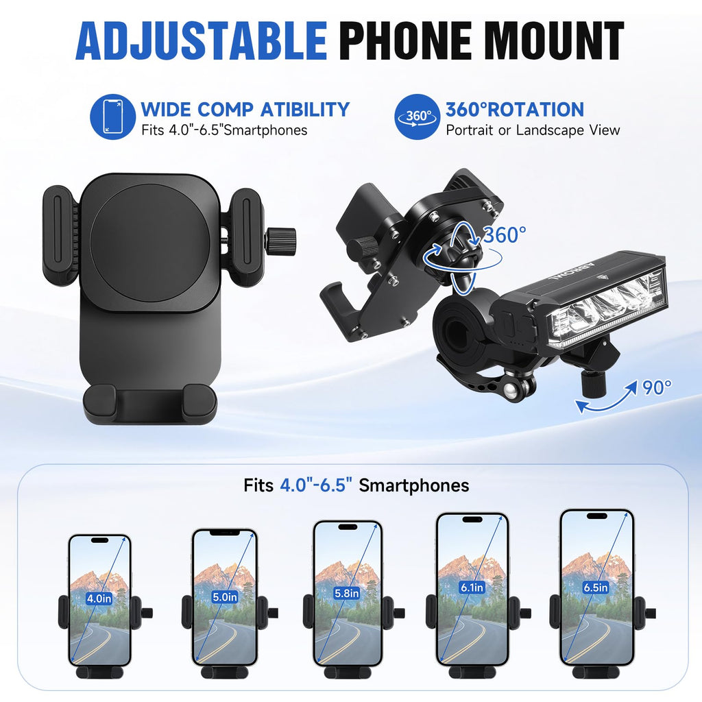 Detachable Bike Phone Holder with IPX5 Rechargeable Headlight