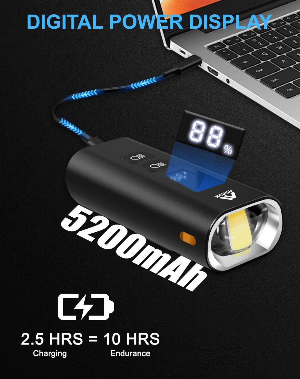4800 Lumen USB Rechargeable Bike Light with Wide Beam Power Display