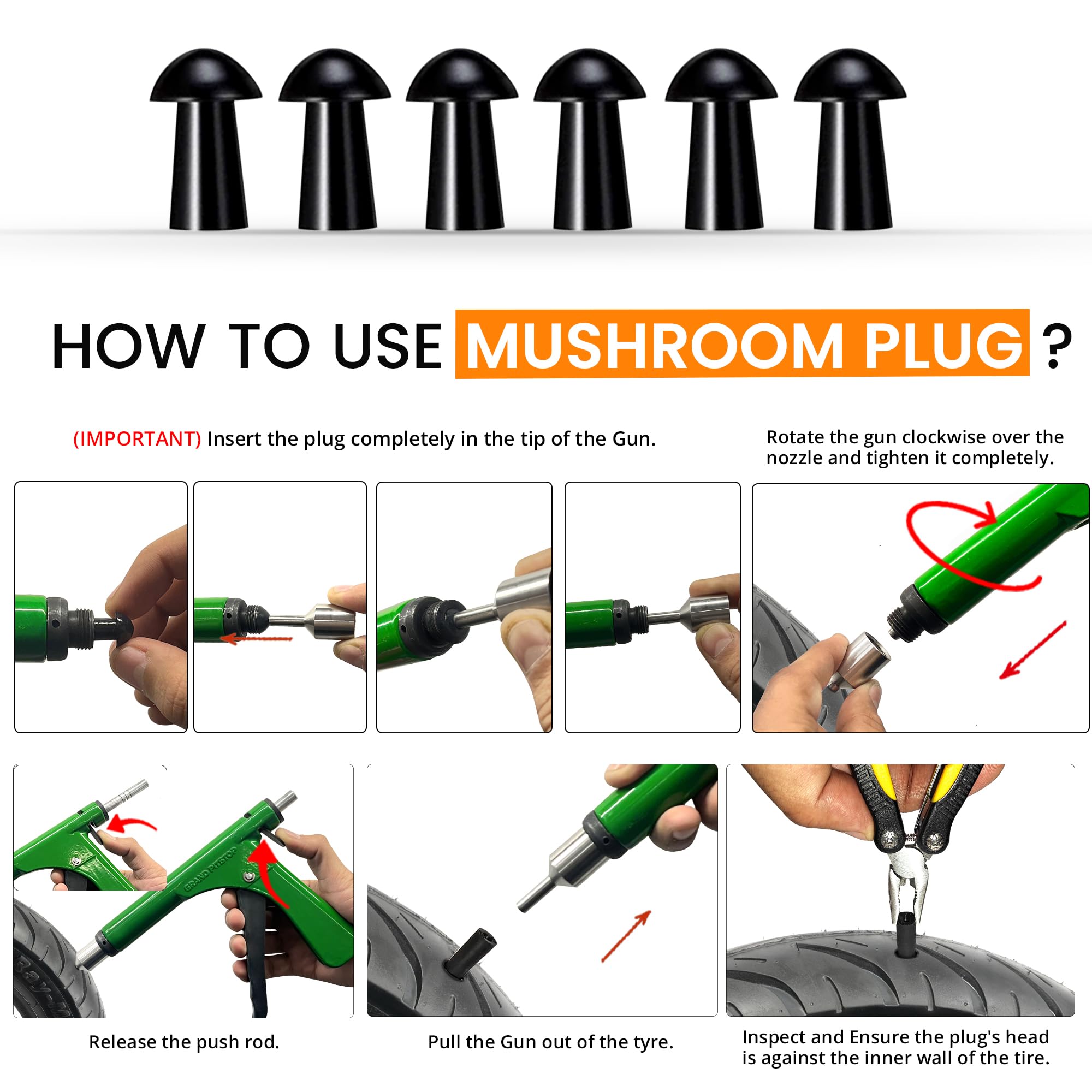 Tubeless Tire Repair Gun Kit with Mushroom Plugs for Cars and Motorcycles