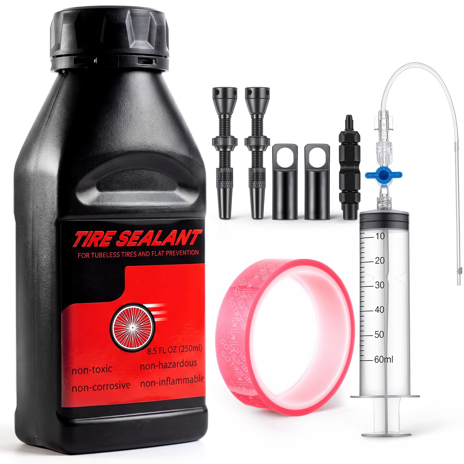 Tubeless Tire Conversion Kit with Sealant Rim Tape Valves and Injector