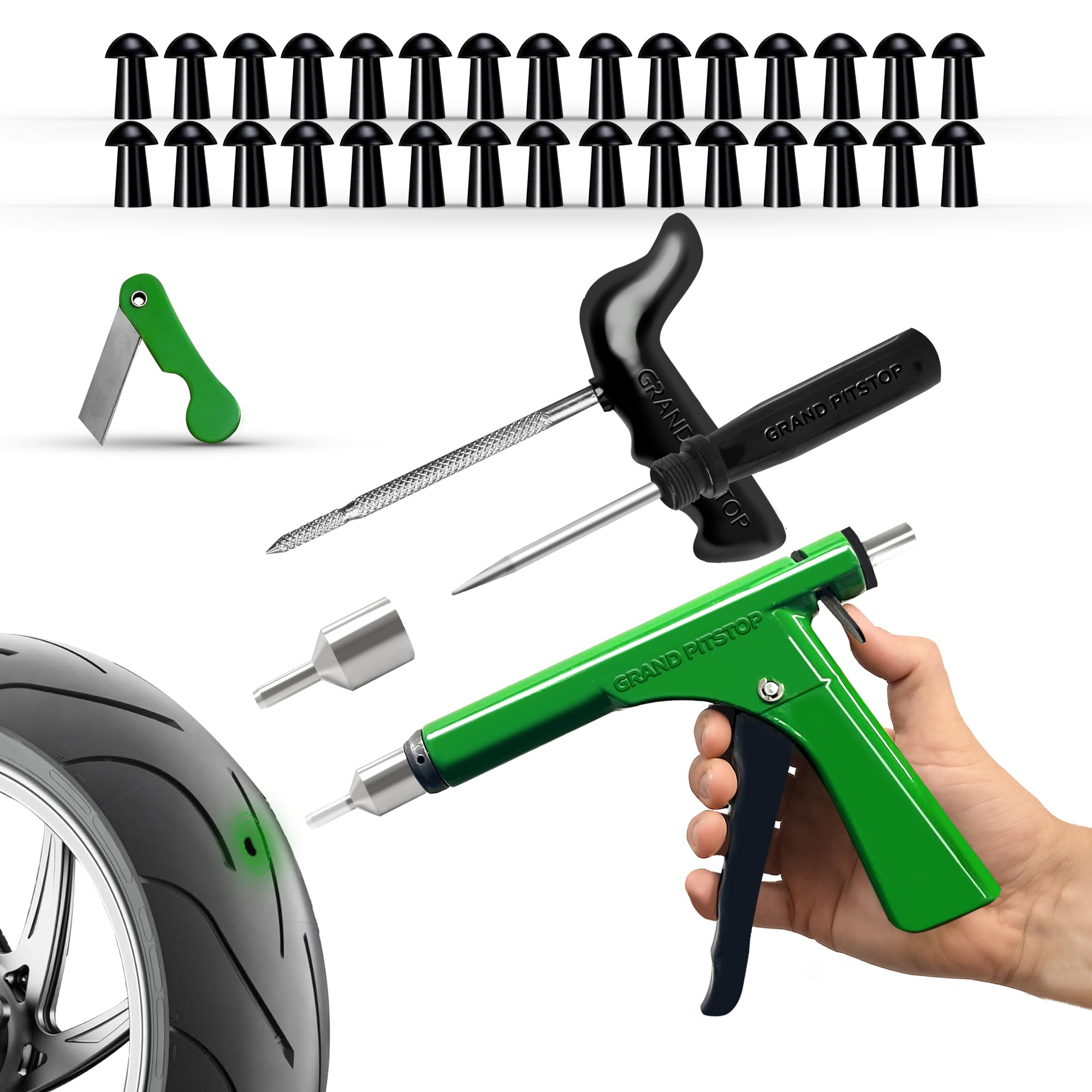Tubeless Tire Repair Gun Kit with Mushroom Plugs for Cars and Motorcycles