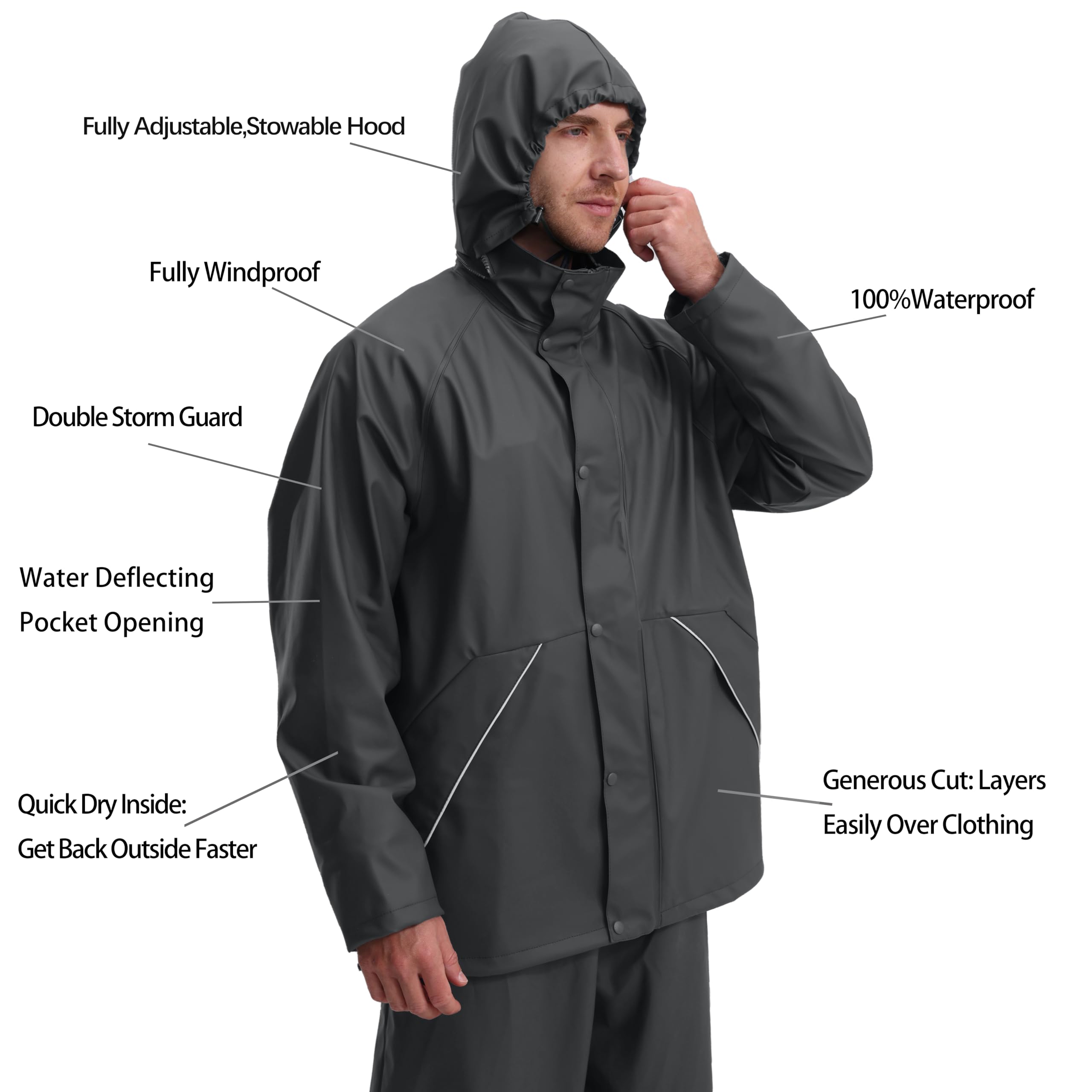 Mens Heavy Duty Waterproof Rain Suit with Jacket and Bib Pants for Work