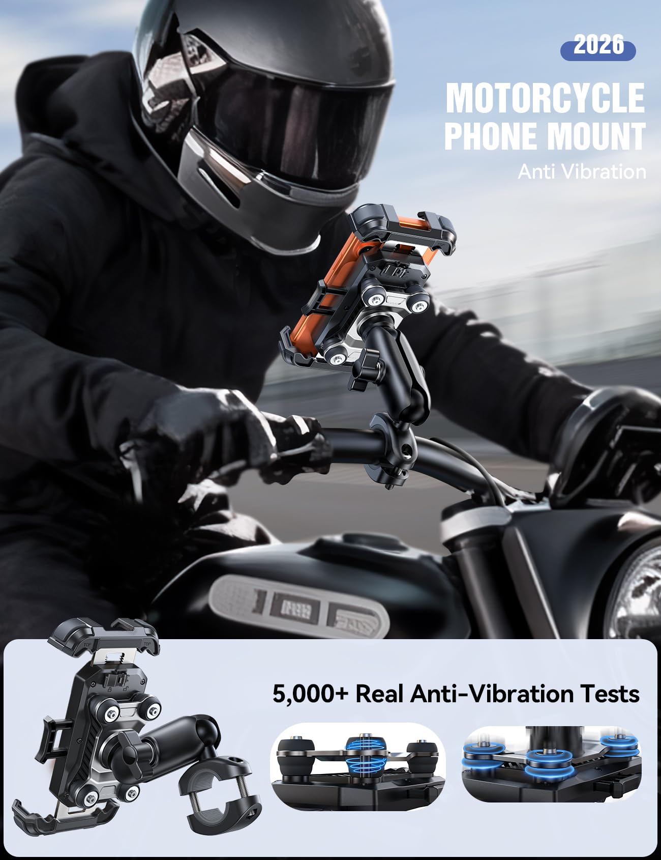 Metal Phone Mount with Dual Vibration Dampener and Handlebar Clamp