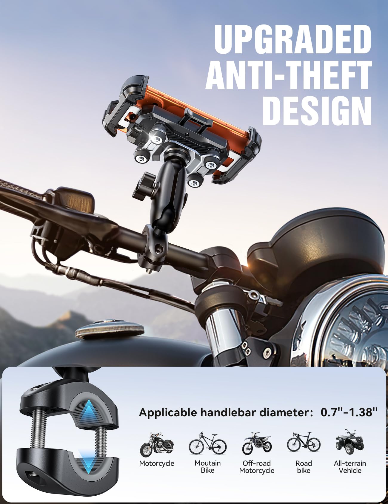 Metal Phone Mount with Dual Vibration Dampener and Handlebar Clamp