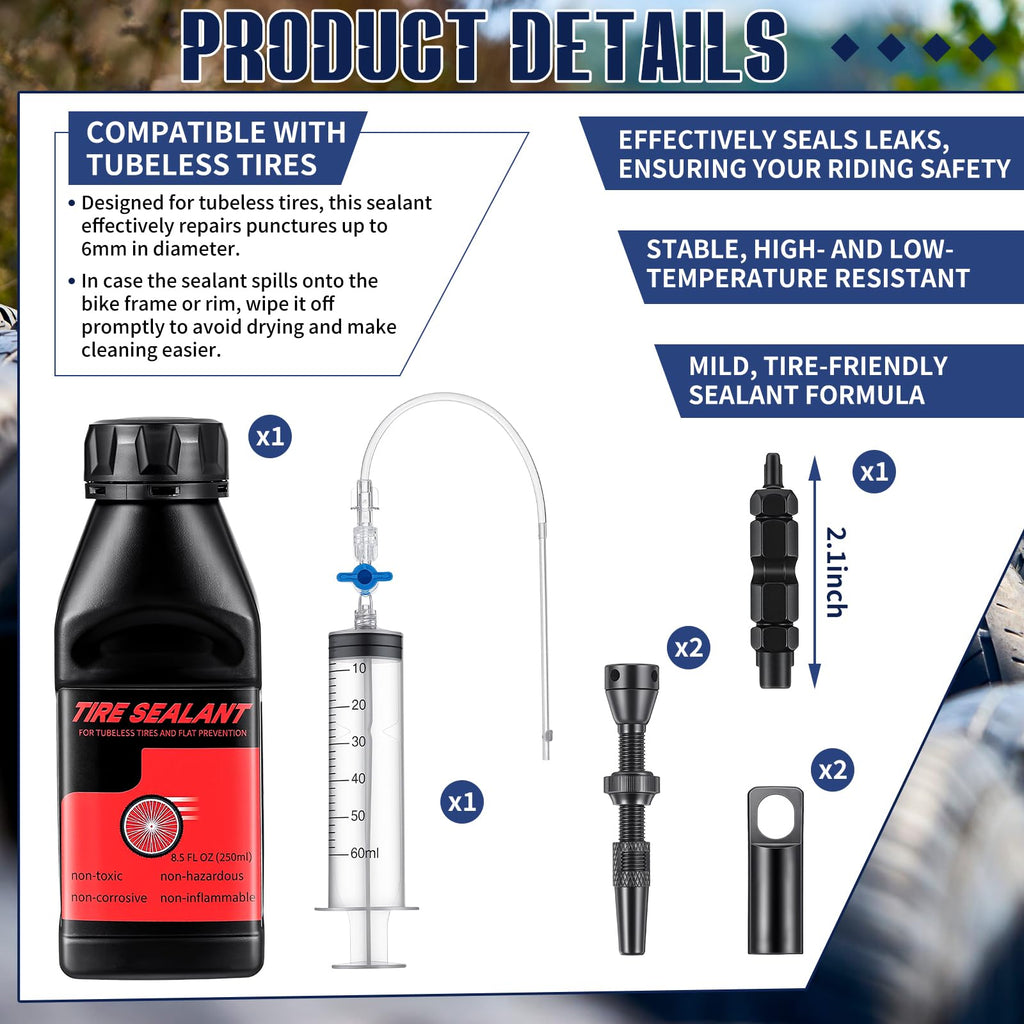Tubeless Tire Conversion Kit with Sealant Rim Tape Valves and Injector