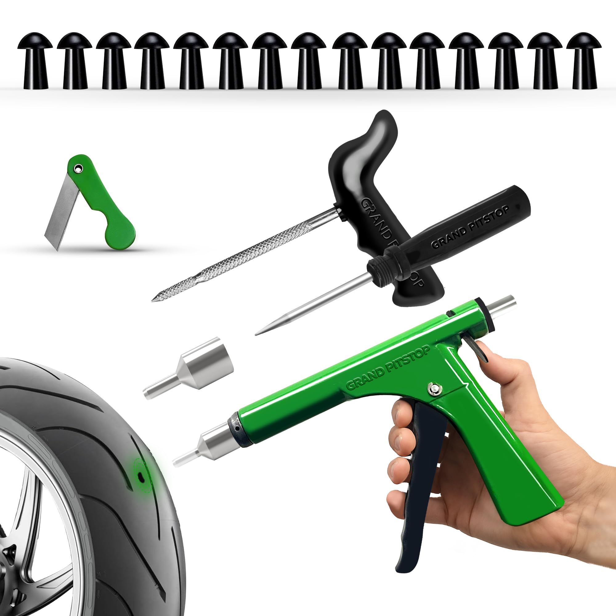 Tubeless Tire Repair Gun Kit with Mushroom Plugs for Cars and Motorcycles