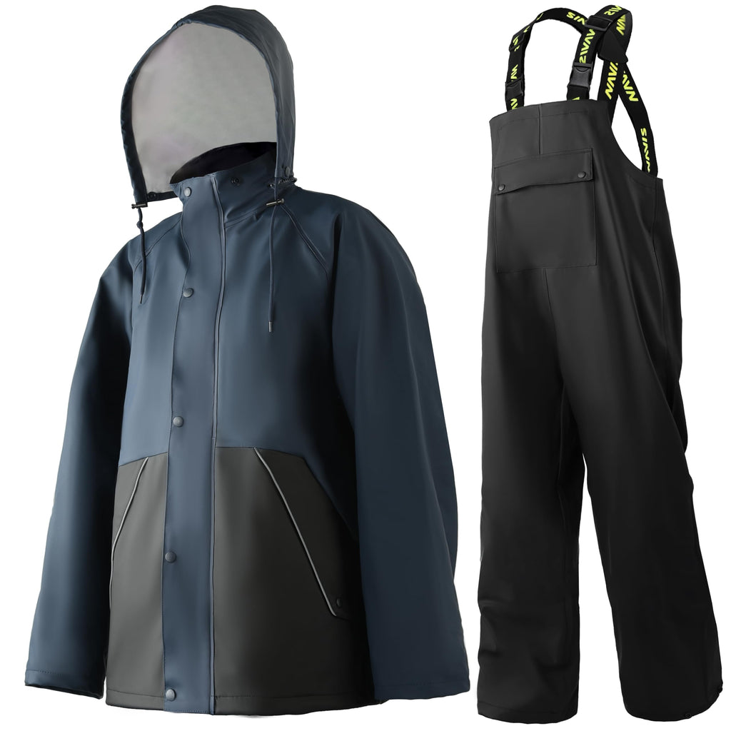 Mens Heavy Duty Waterproof Rain Suit with Jacket and Bib Pants for Work