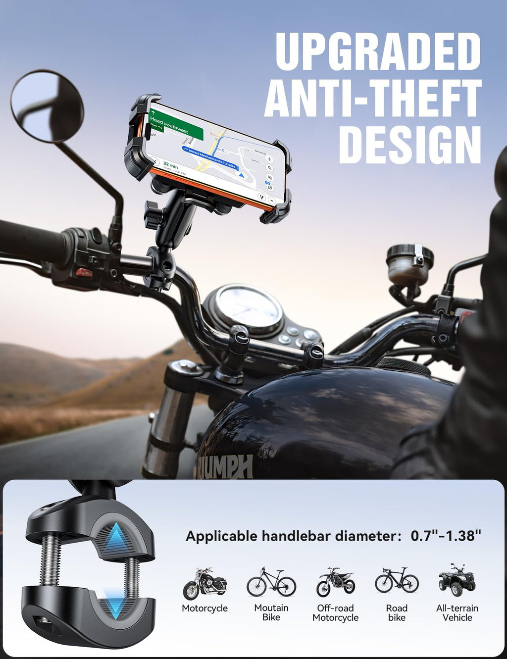 Metal Phone Mount with Dual Vibration Dampener and Handlebar Clamp