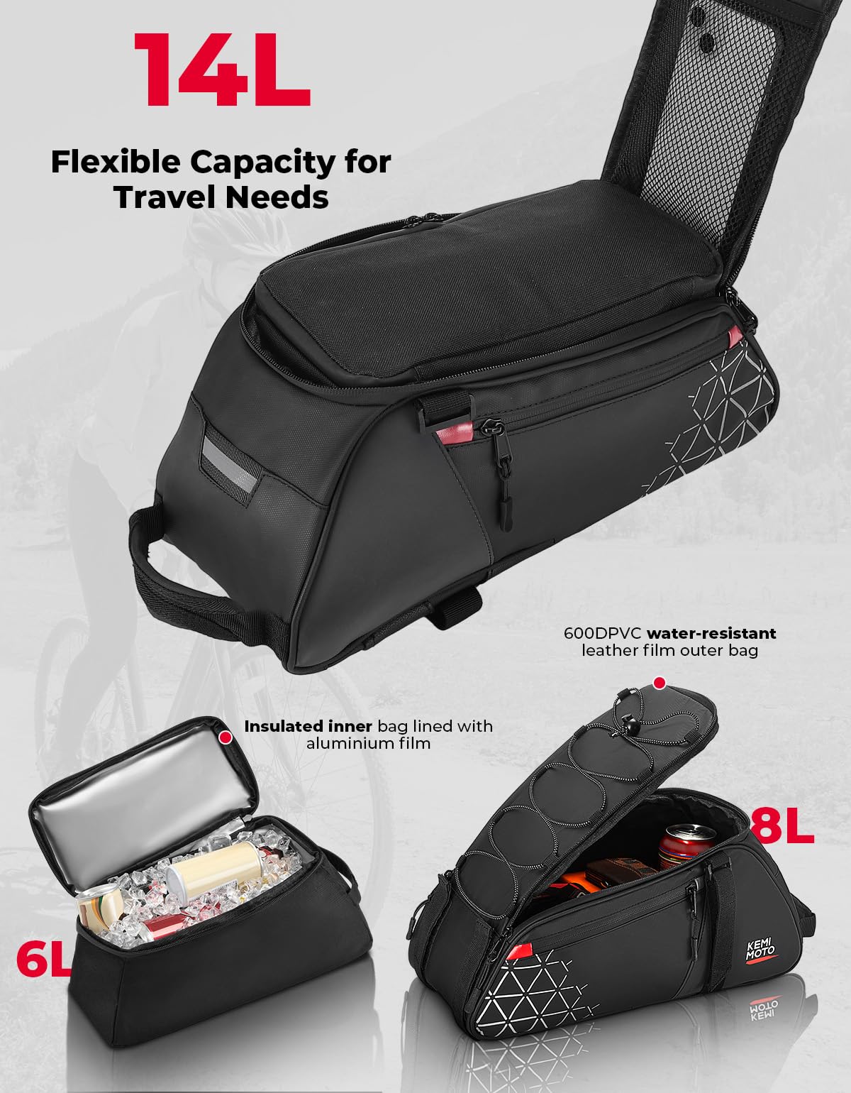 Water Resistant Rear Bike Rack Bag with Removable Cooler and Shoulder Strap