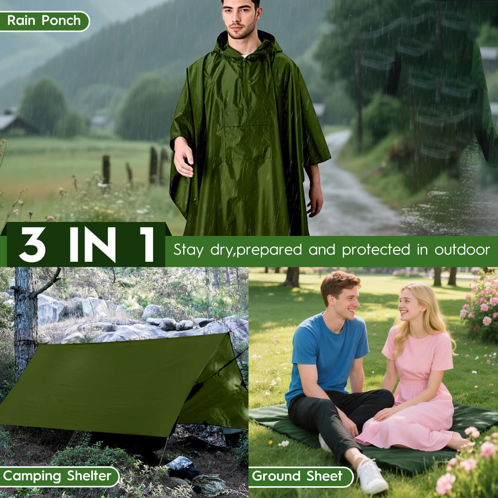 Waterproof 3 in 1 Rain Poncho and Ground Mat for Adults and Youth