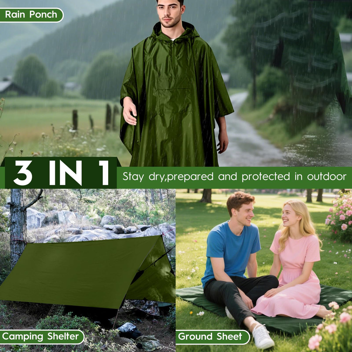 Waterproof 3 in 1 Rain Poncho and Ground Mat for Adults and Youth