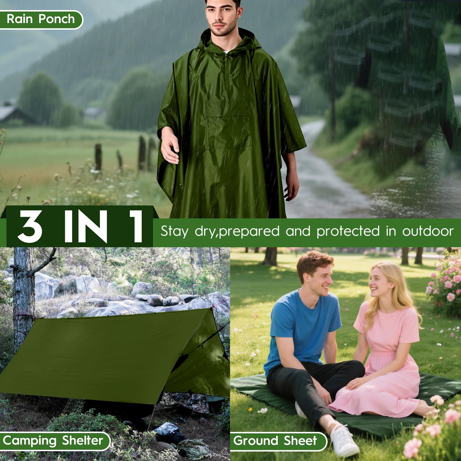 Waterproof 3 in 1 Rain Poncho and Ground Mat for Adults and Youth