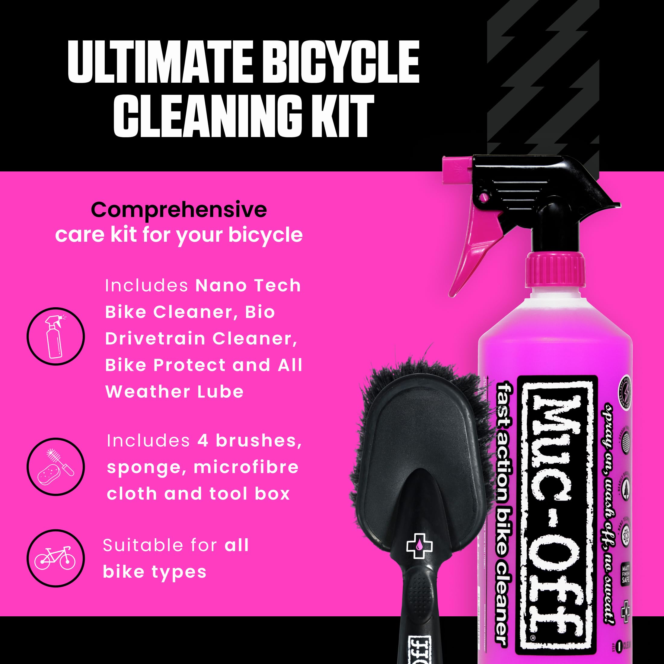 Complete Bicycle Cleaning Kit with Cleaner Protectant Brushes and Lubricant