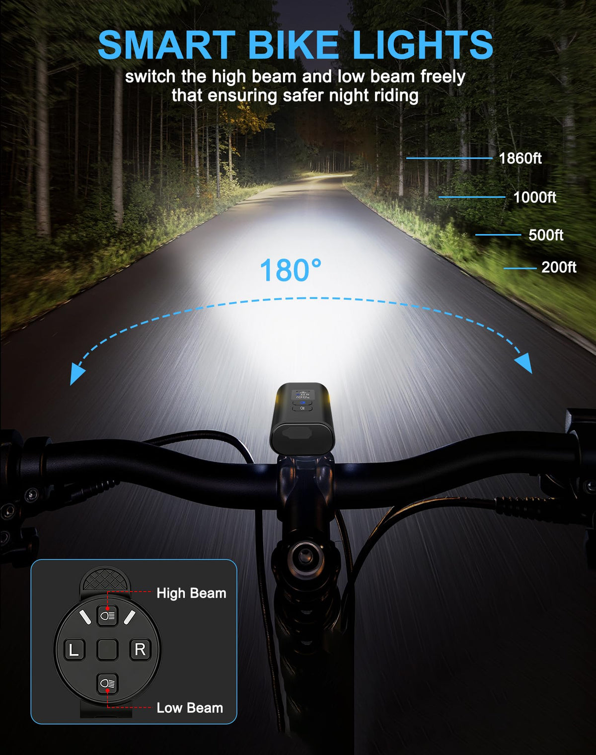 4800 Lumen USB Rechargeable Bike Light with Wide Beam Power Display