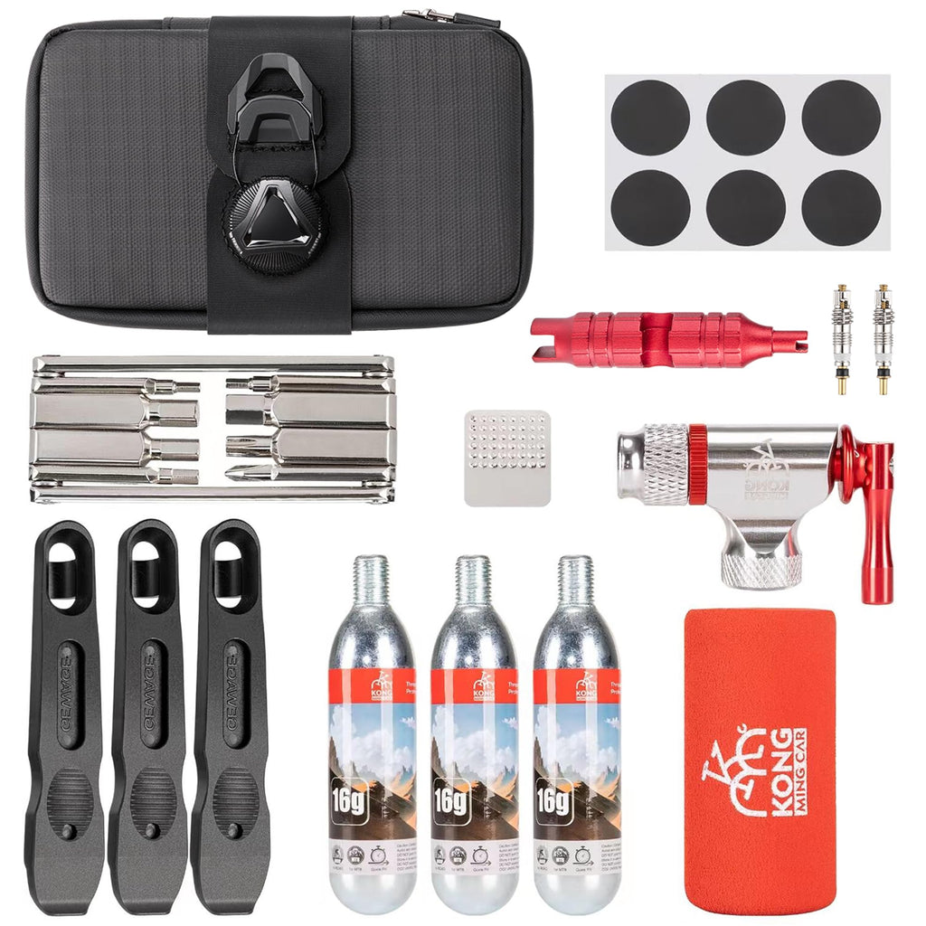 Bike Emergency Repair Kit with CO2 Inflator Multitool and Saddle Bag