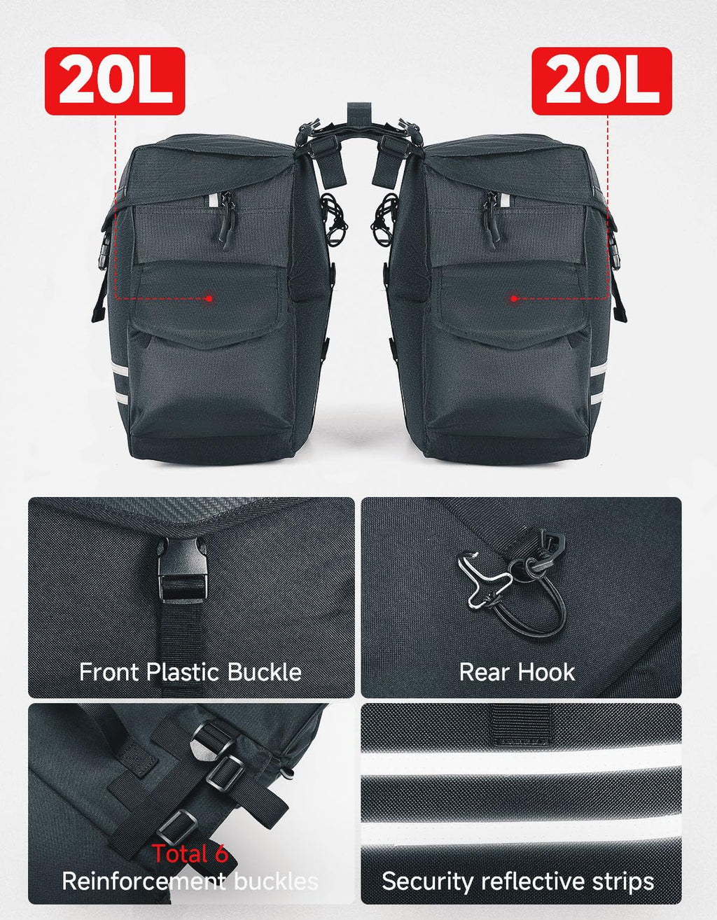 Waterproof 40L 50L Bike Pannier Bags with Rain Cover and Reflective Strip