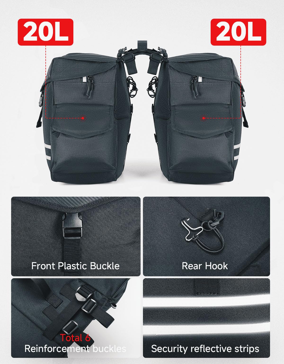 Waterproof 40L 50L Bike Pannier Bags with Rain Cover and Reflective Strip