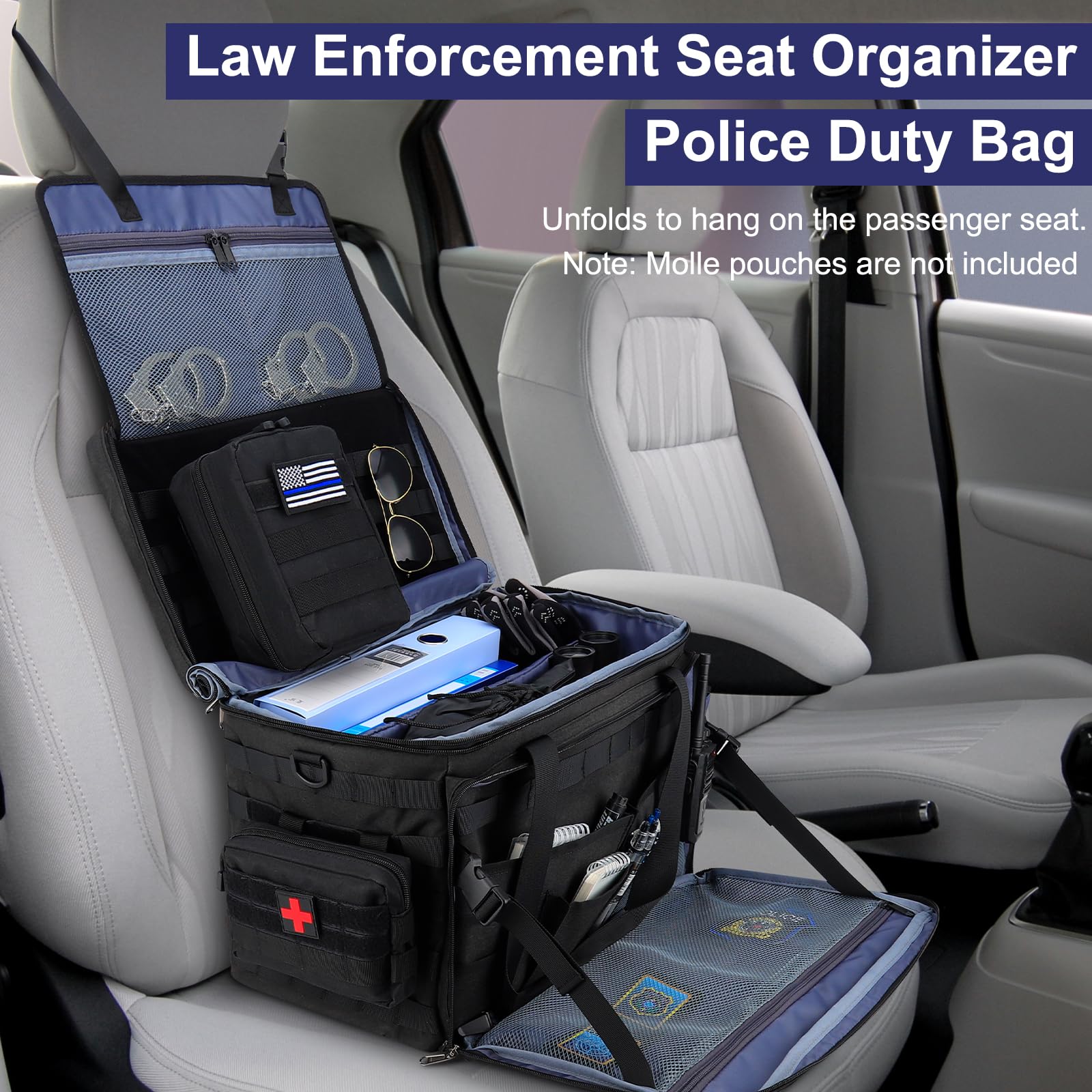 Law Enforcement Patrol Bag and Front Seat Organizer for Police Gear