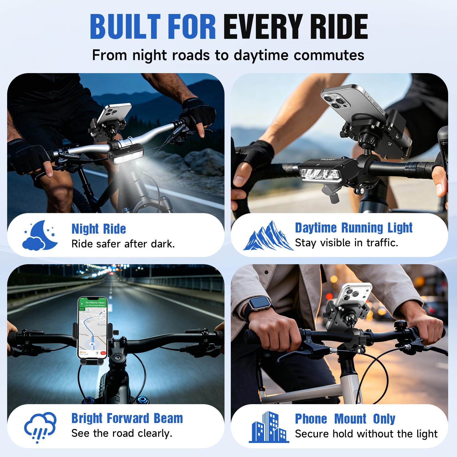 Detachable Bike Phone Holder with IPX5 Rechargeable Headlight