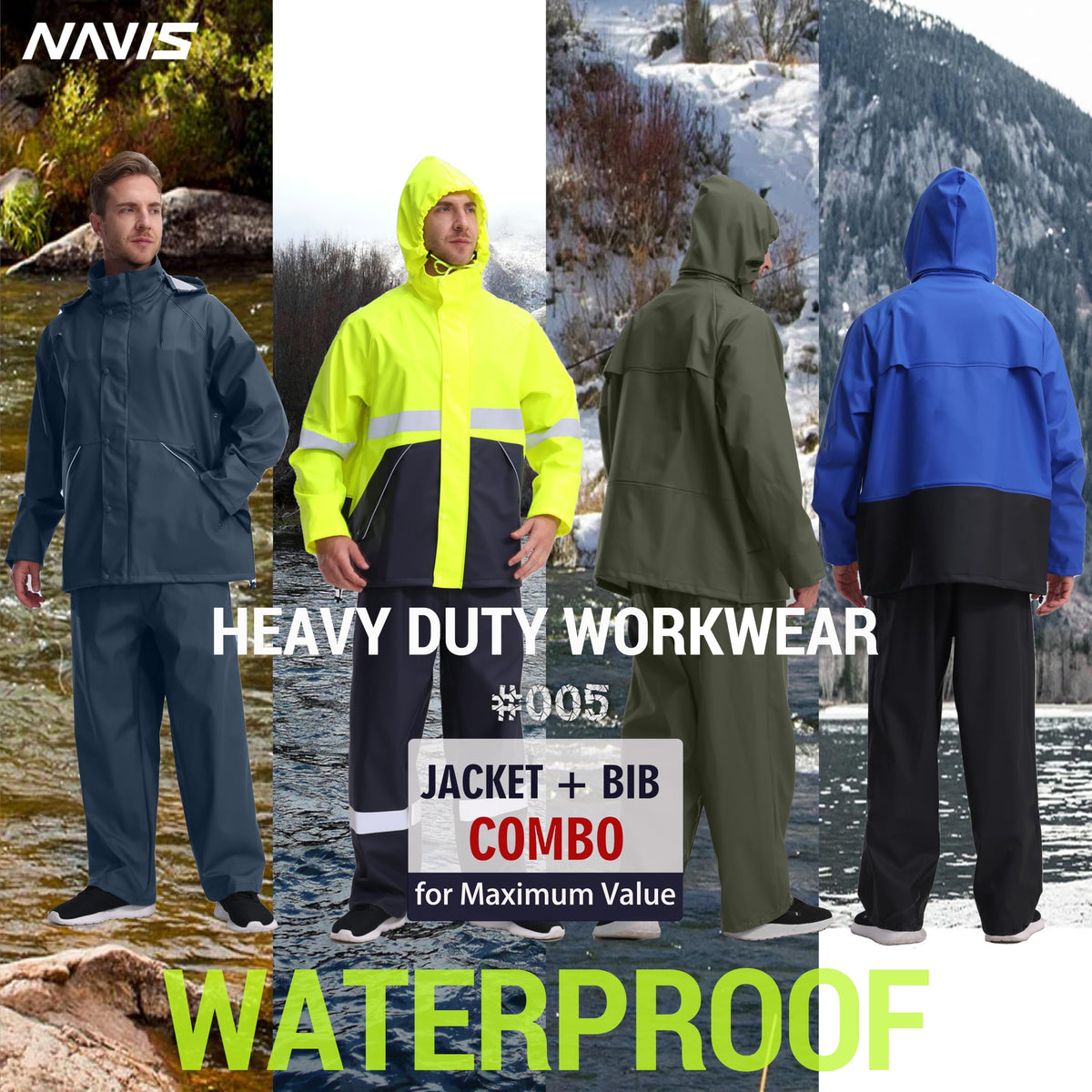 Mens Heavy Duty Waterproof Rain Suit with Jacket and Bib Pants for Work