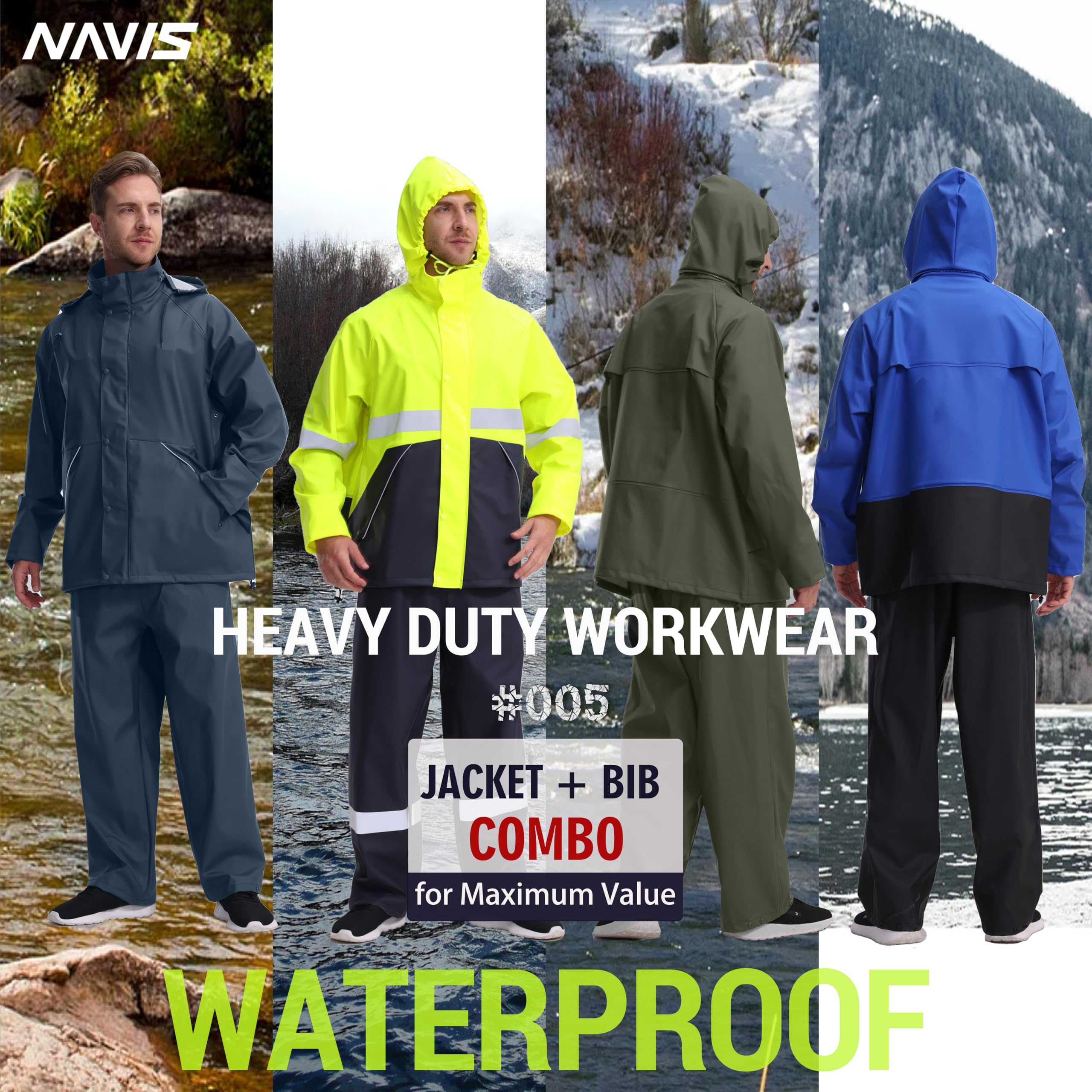 Mens Heavy Duty Waterproof Rain Suit with Jacket and Bib Pants for Work